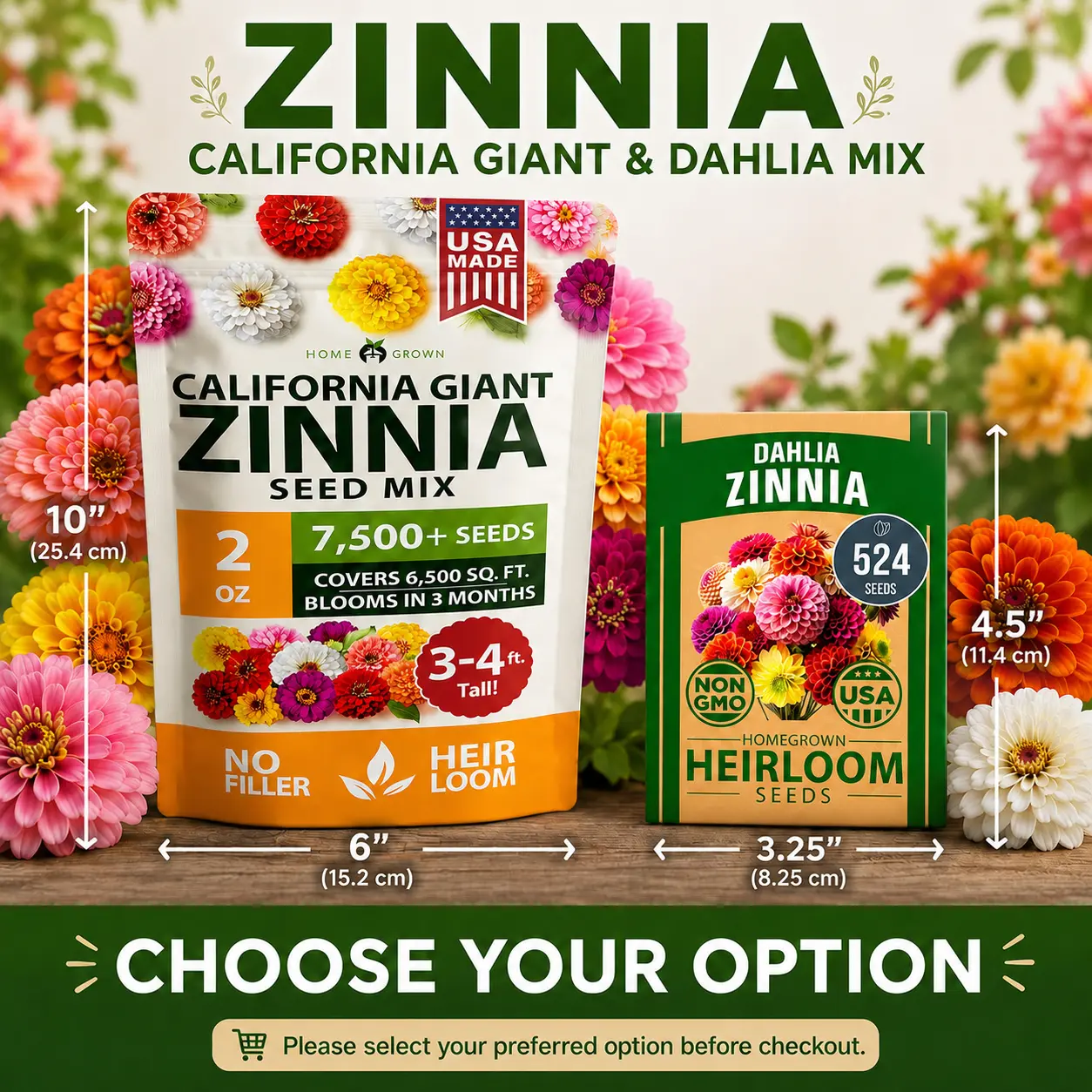 California Giant & Dahlia Zinnia Flower Seeds - 100% Pure Heirloom, No Fillers, USA Grown (Multiple Variations), Flowers