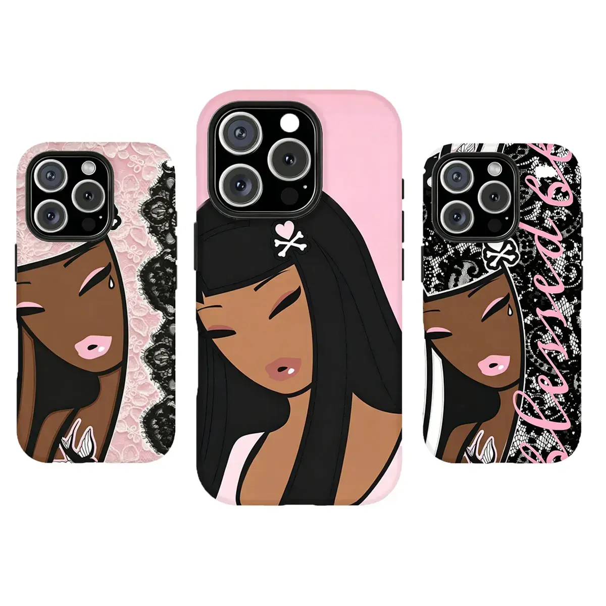 Coquette Y2K Black Girl Cartoon Phone Case Pink Lace Skull Heart Aesthetic Print Shockproof Phone Cover Perfect Gift for Her Girly Phone Accessory Compatible for iPhone 11 12 13 14 15 16 17 Pro Max Plus Air Mini Alt Baddie Guard