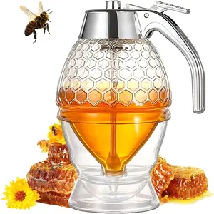 Honey Dispenser, Glass Honey Dispenser No Drip, Honey Pot with Stand, 8 oz Honey Jar, Maple Syrup Honey Container, Elegant Honeycomb Design for Home Decor and Everyday Use (Glass)