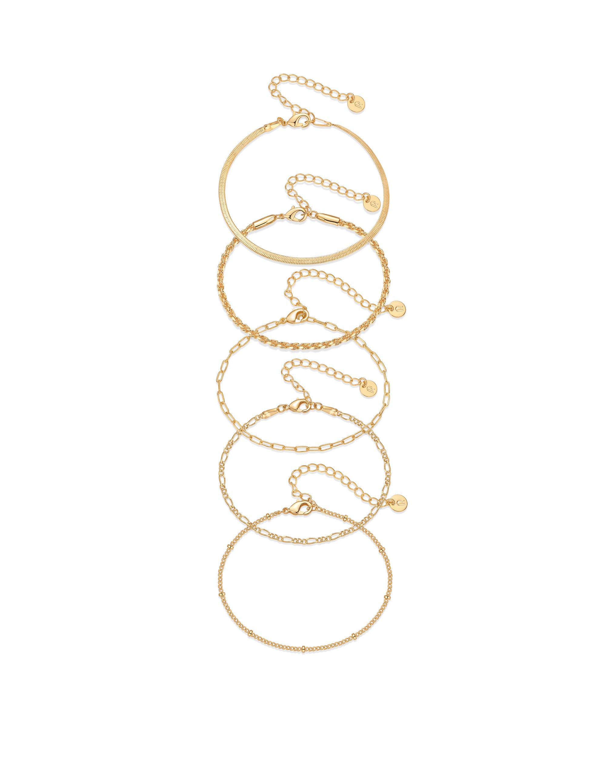 PAVOI 14K Gold Plated Chain Bracelet Pack for Women - Jewelry Set of 3 & Set of 5 Stackable Bracelets - Station Ball Serpentine Paperclip Snake Rope Figaro Beaded Chains