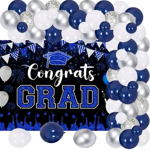 1Set Party Packs Graduation Decorations Navy Blue and Silver Congrats Grad Decorations with Congrats Grad Backdrop Navy Blue Silver Balloon Garland Arch Kit for High School College Celebration Prom Grad Supplies