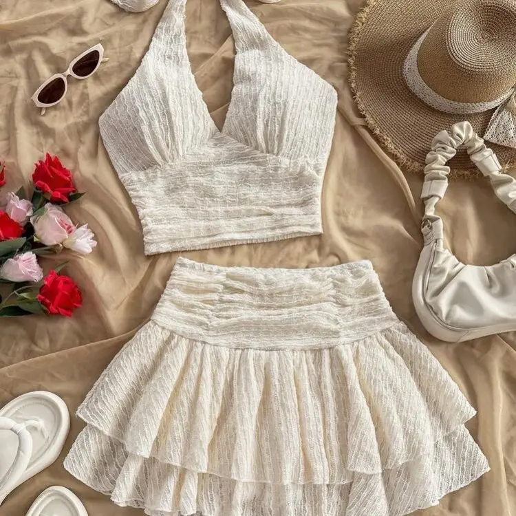Halter Top & Layered Skirt Set - Cream Color Fashionable Two-Piece Outfit