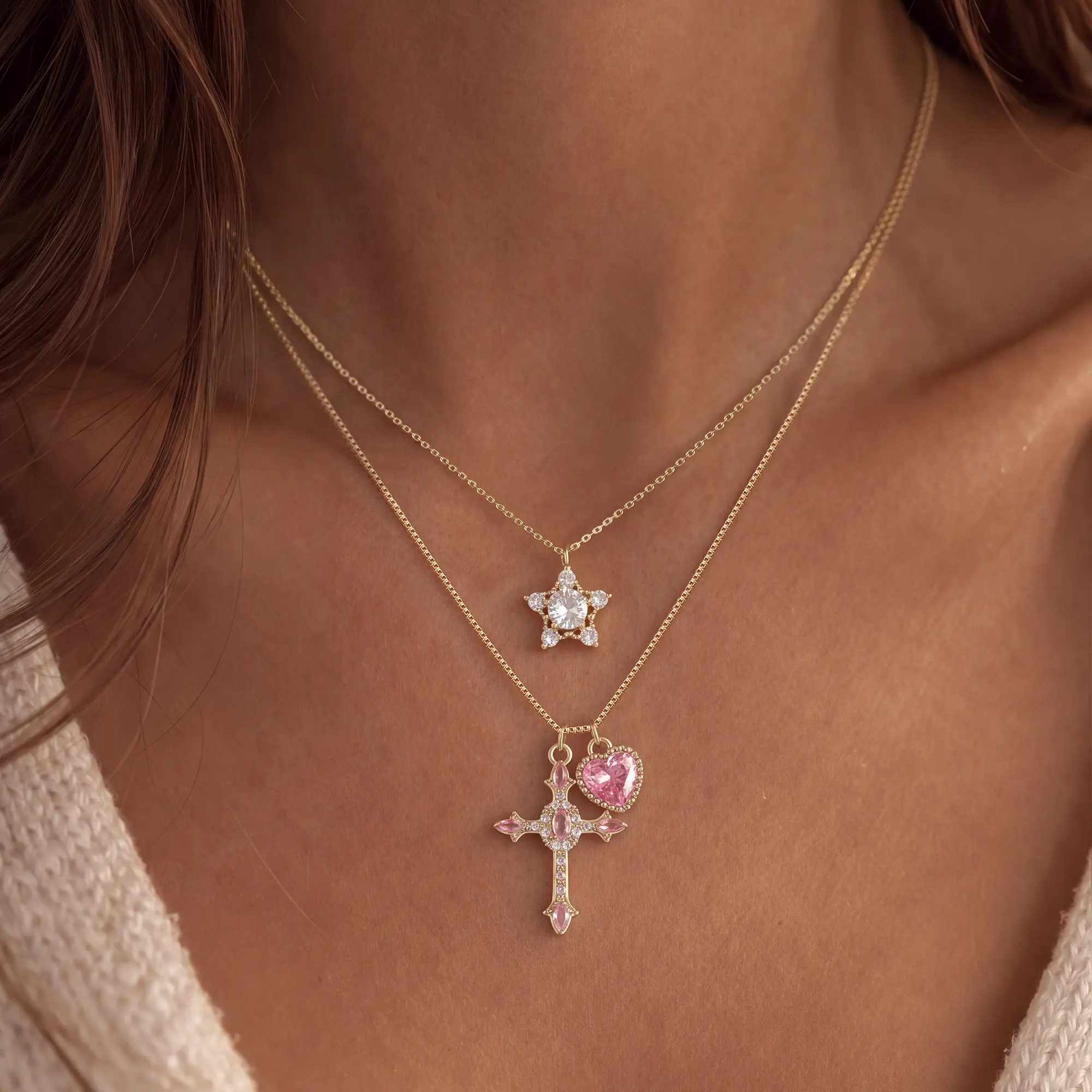 Tewiky 14K Gold Plated Necklace for Women Delicate Pink Heart Pendant Necklace Double-Layer Necklace Gift for Girls