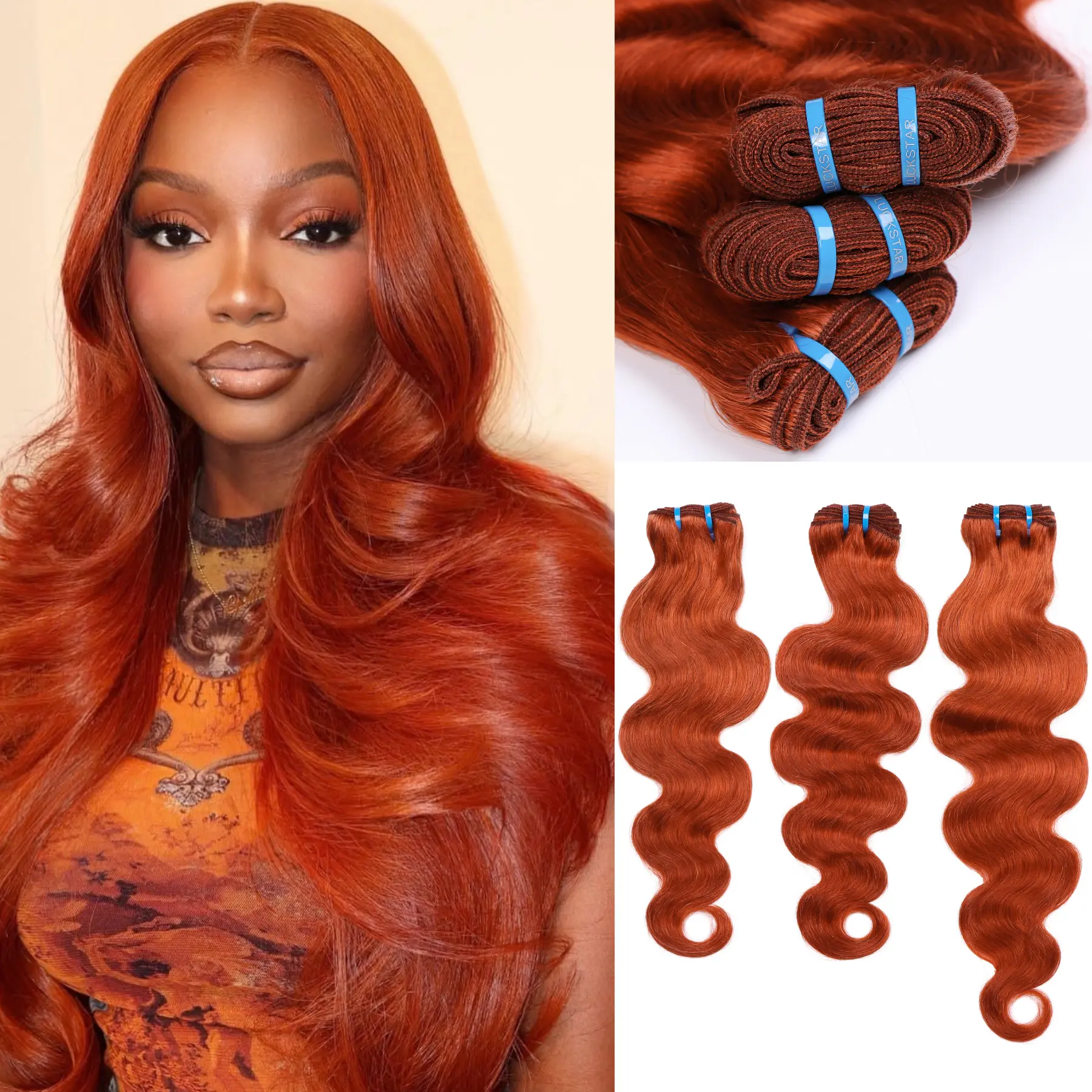 LUCKSTAR #350 Bright Ginger Orange Virgin Human Hair Bundles with Ultra-Thin Wefts Double Drawn Cuticle-Aligned Ginger Body Wave bundles Reusable Dyeable Long-Lasting Professional Sew-In and Quick Weave