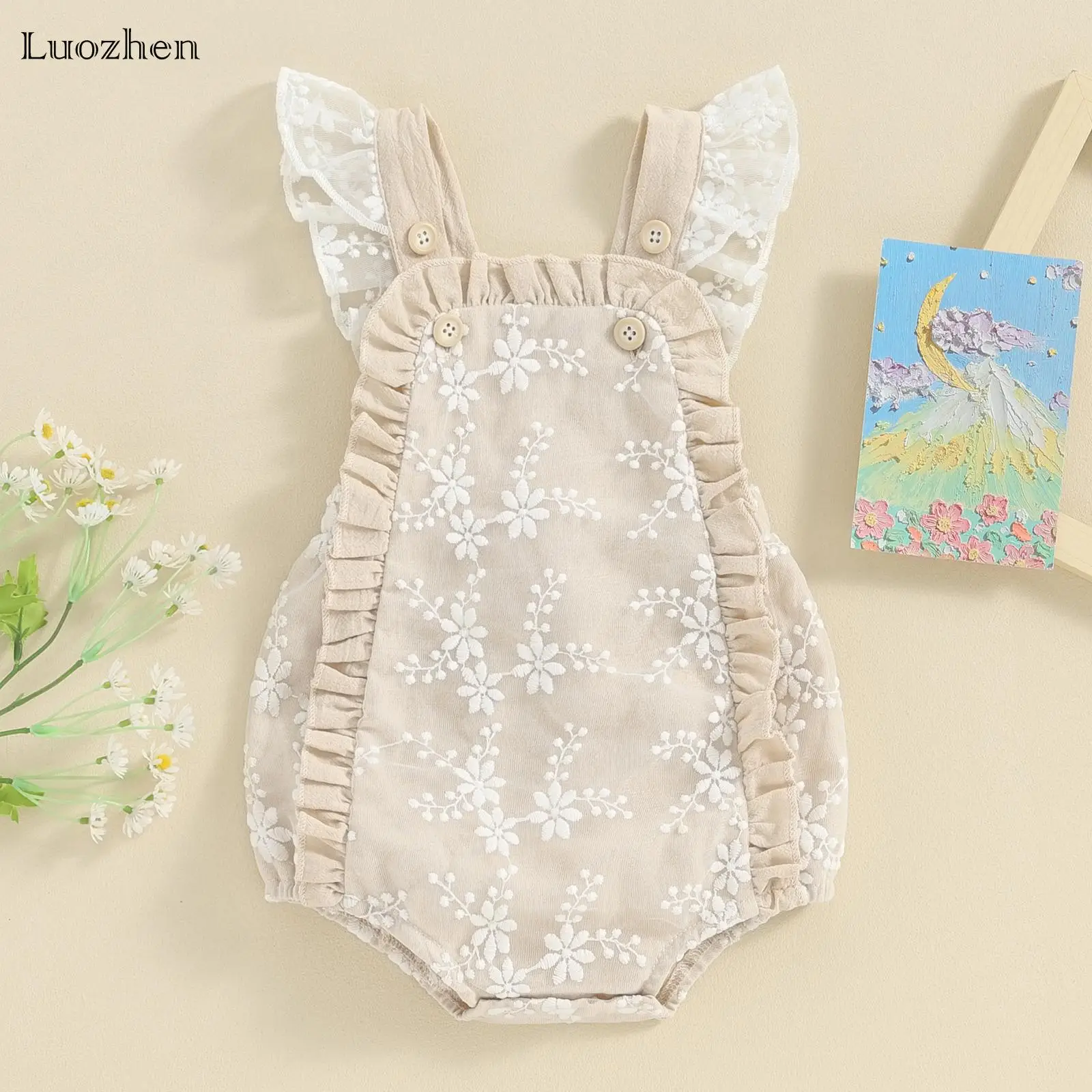 Baby Girls Onesie Cute Lace Embroidery Buttons Ruffles Flying Sleeves Baby Onesie Summer Clothes Onesie