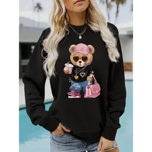 Teddy Bear Print Sweatshirt for Women, Casual Loose-Fitting Long Sleeve Pullover, Comfortable Sportswear for Fall & Winter