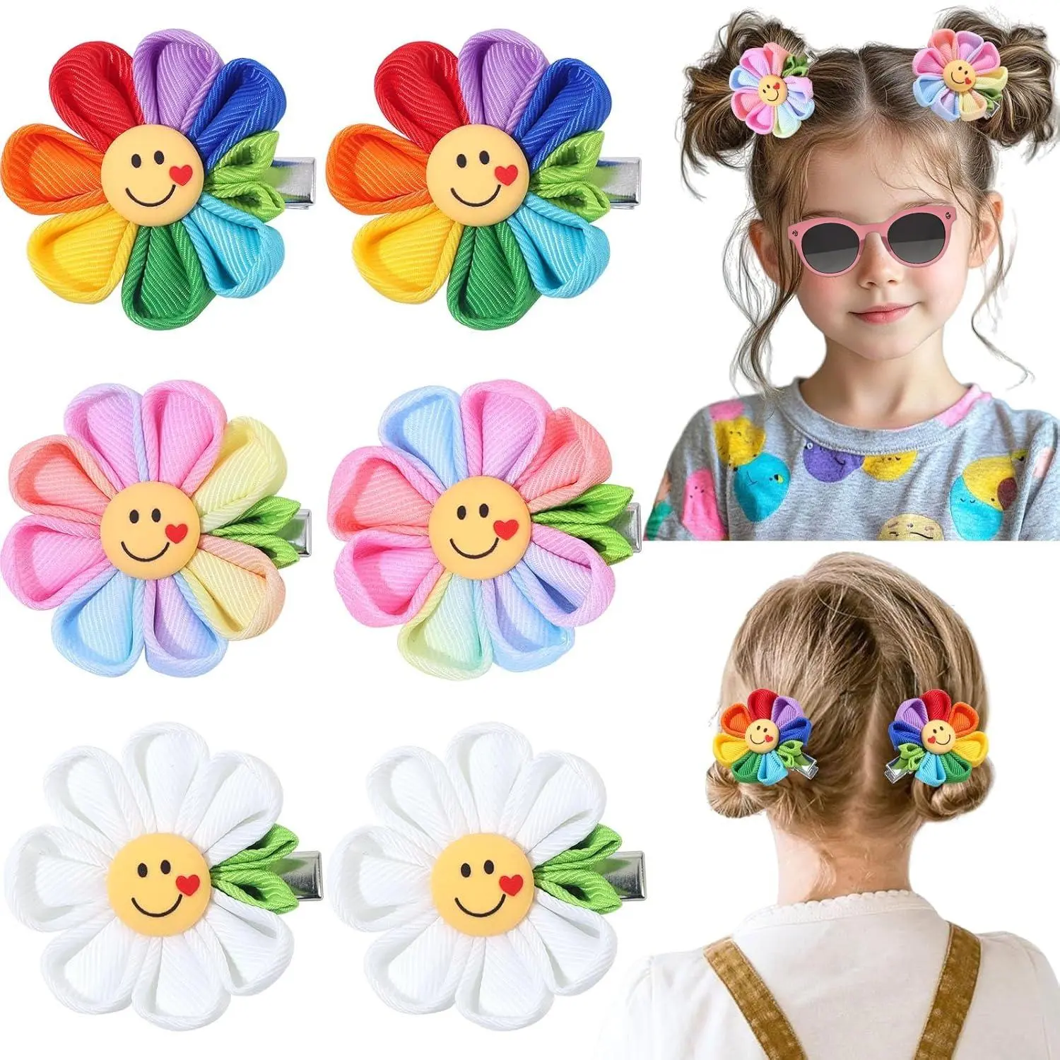 KF5-HBA095 6PCS Rainbow Floral Hair Bows for Toddlers - 0.6 Inch Cute Face Design, Not Too Small, Premium Alligator Clips, Premium Kids' Hair Accessories for Hairstyling