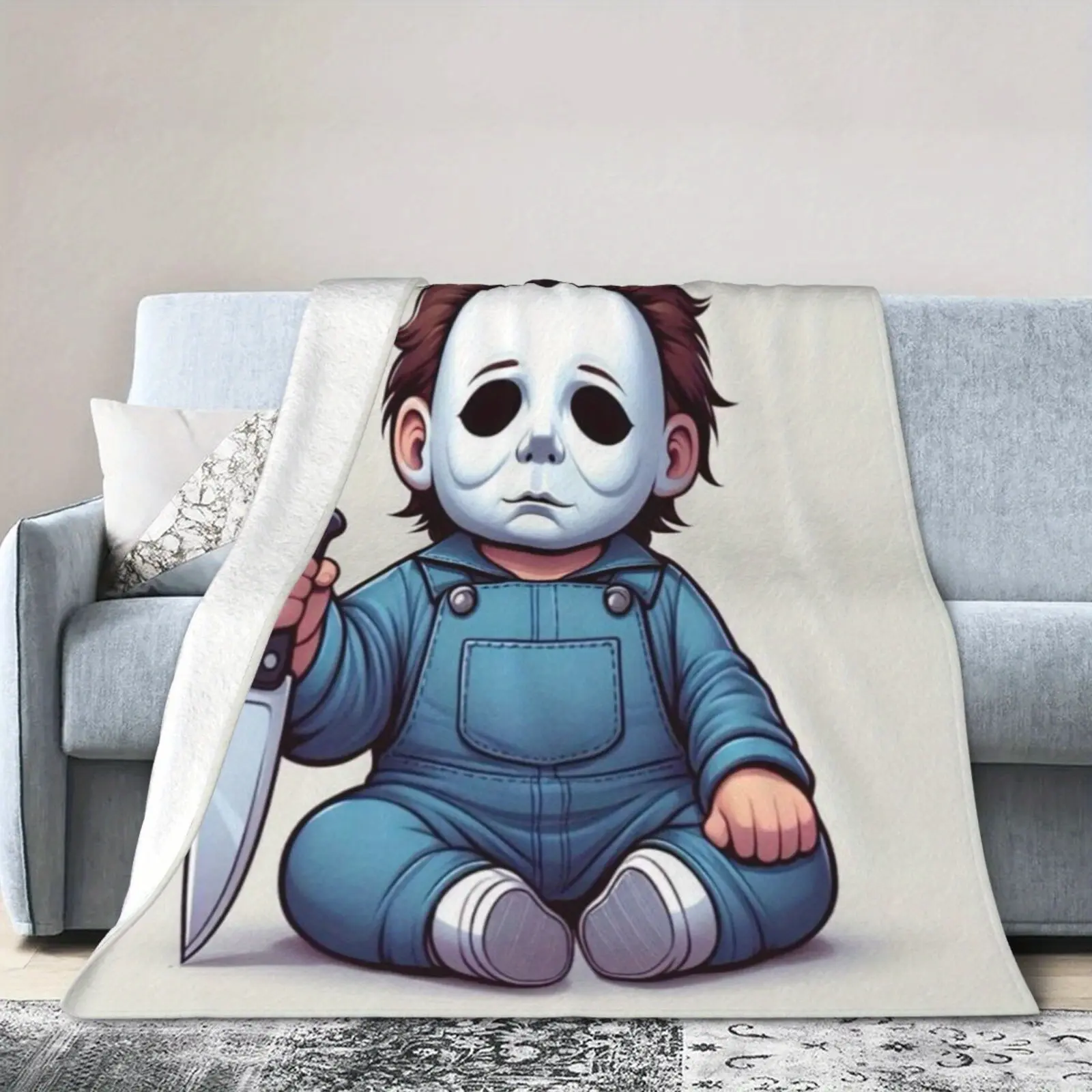 Michael Myers Horror Movie Theme Graphic Throw Blanket - Soft Flannel, Plush Microfiber, Lightweight Polyester, Wrinkle Resistant, Shrink-Proof, Fade Resistant, Home Decor, Ideal Gift for Family, Friends for Halloween, Valentine's Day Festivities