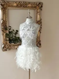 Lovelzi Elegant, Glamorous, And Stylish. White Sequined Embroidery, Handmade Diamonds, Feather Embellishments, Small Stand-Up Collar, Open Back, Short Design. Suitable For Dates, Bachelorette Parties, Formal Occasions, Cocktail Parties, And Wedding Recept