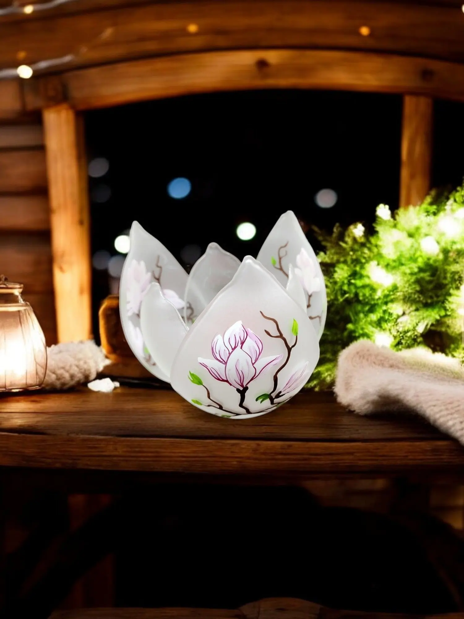 Frosted Glass Lotus Blossom Candle Holder, Hand Crafted in Ukraine, Magnolia Flower Design, Wonderful Year Round