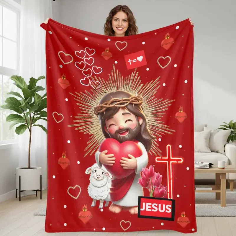 Christian Flannel Throw Blanket, Cross & Heart Religious Design Soft Cozy Blanket for Couch Sofa Bed, Lightweight Plush Home Decor Blanket, Bedroom Living Room Gift for Christian Believers