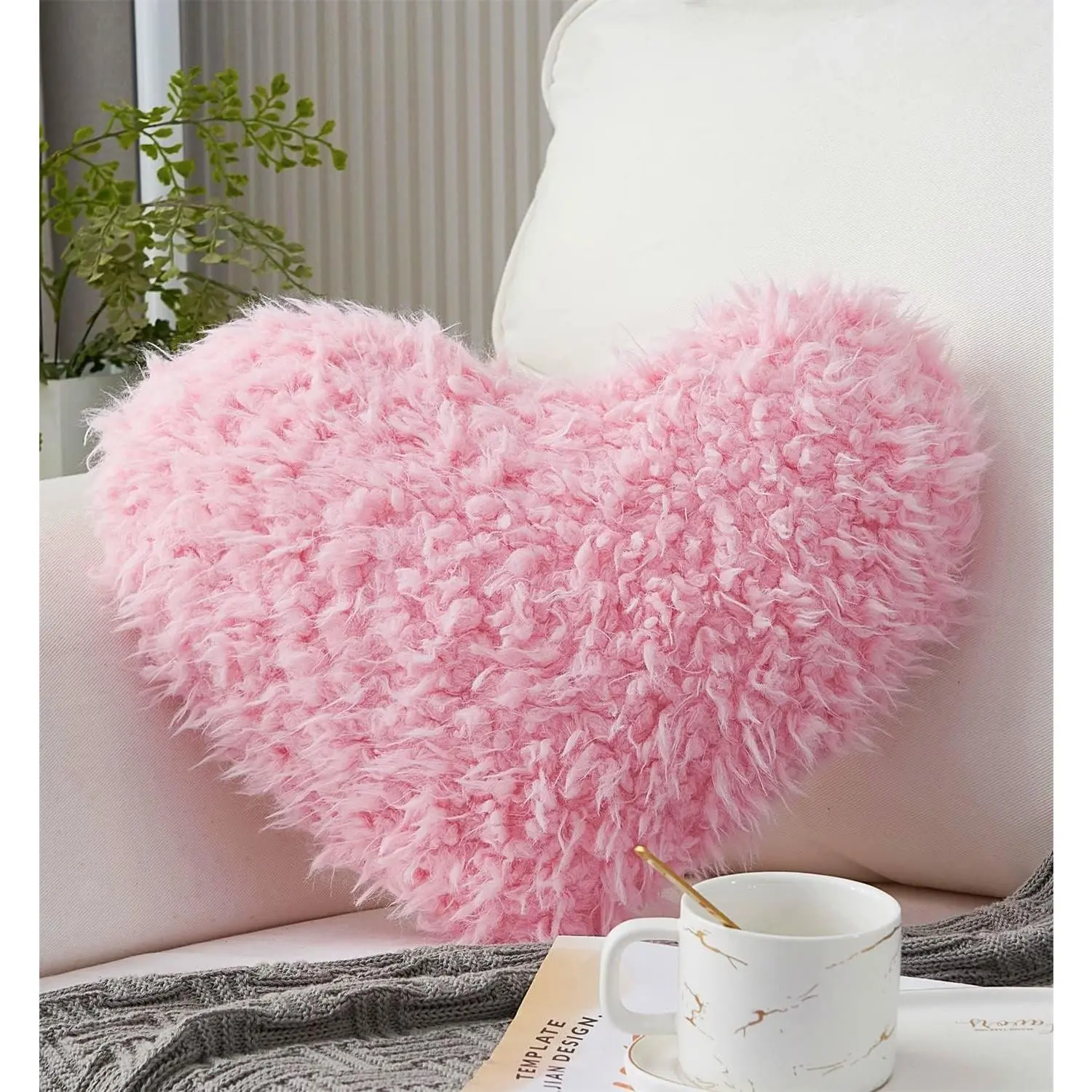 Pink Girl Heart Throw Pillow with Pillow Cover and Insert,Love Pillow,Valentines Day Decor, Shaggy Faux  Fluffy Pillow,  for Mothers,Girls (Pink,Heart Shape-15.7X15.7Inches)
