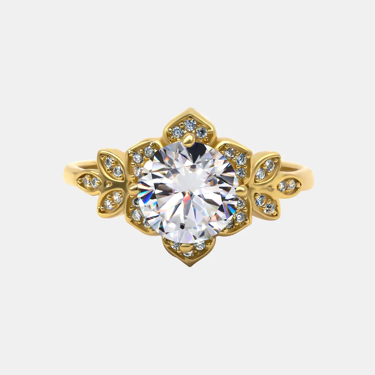 【436】"Heavenly Romance" Yellow Colour Plated 2 Carat Synthetic Moissanite Lotus Set Ring - Vintage Wedding/Anniversary Ring