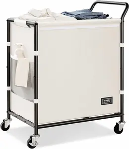 SOLEDI Laundry Basket with Wheels,38 Gallons(145L) Laundry Hamper 2 Section,Sturdy Metal Frame with Handle,Laundry Cart,Rolling Laundry Basket for Bedroom Aesthetic,Easy to Assemble,Ivory