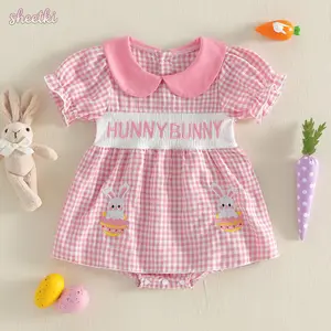 Baby Girls Easter Romper Dress A Line Letter Bunny Plaid Smocked Short Sleeve Newborn Jumpsuit