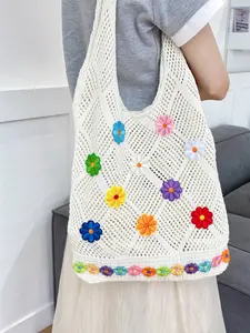 Embroidered Colorful Floral Crochet Tote Bag, Summer Fashion Large Capacity Lightweight Handbag, Perfect for Casual Summer Travel and Beach