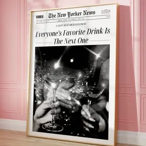 Bar Cart Newspaper Poster, Retro Preppy Wall Art, New York News Poster, Trendy Cocktail Wall Art, Newsprint Bar Cart Decor, Newspaper Print