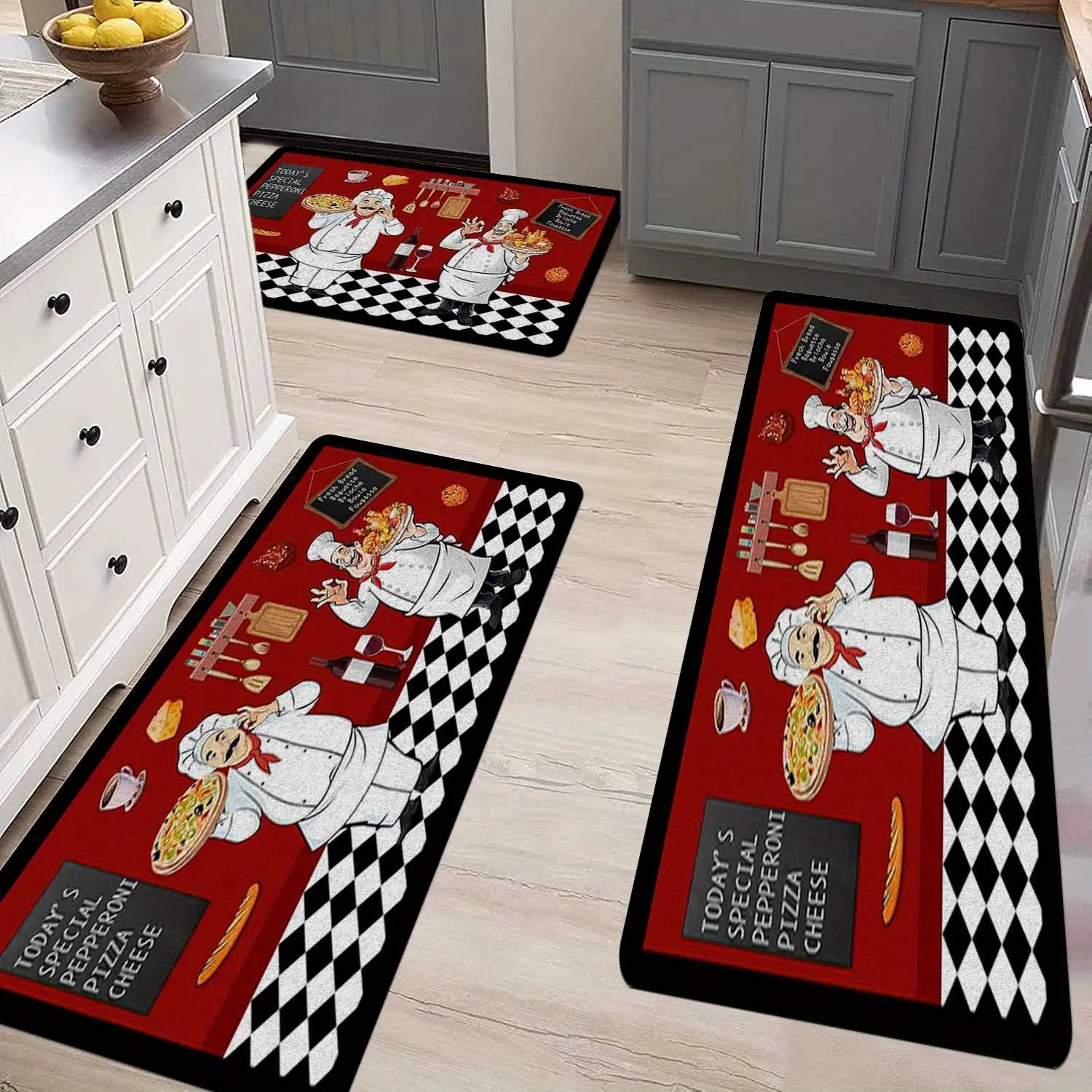 3pcs Modern Simple Style Decorative Kitchen Floor Mats, Cartoon Chef Print Home Restaurant Decoration Long Strip Floor Mat Bar Anti-slip Pad Kitchen Doorway Floor Mat Soft Corridor Carpet Laundry Room Soft Floor Mat,Thick,Non-Slip,Fluffy,Rug