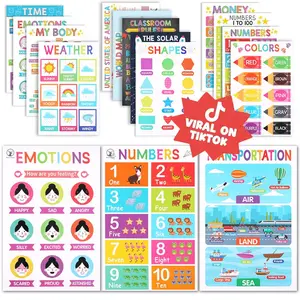 2025 Upgraded Educational Posters for Toddlers 1-3, 18pcs Preschool Learning Kit Alphabet Numbers Colors Shapes Flat Ship Bright Colors Classroom/Home DeerSen