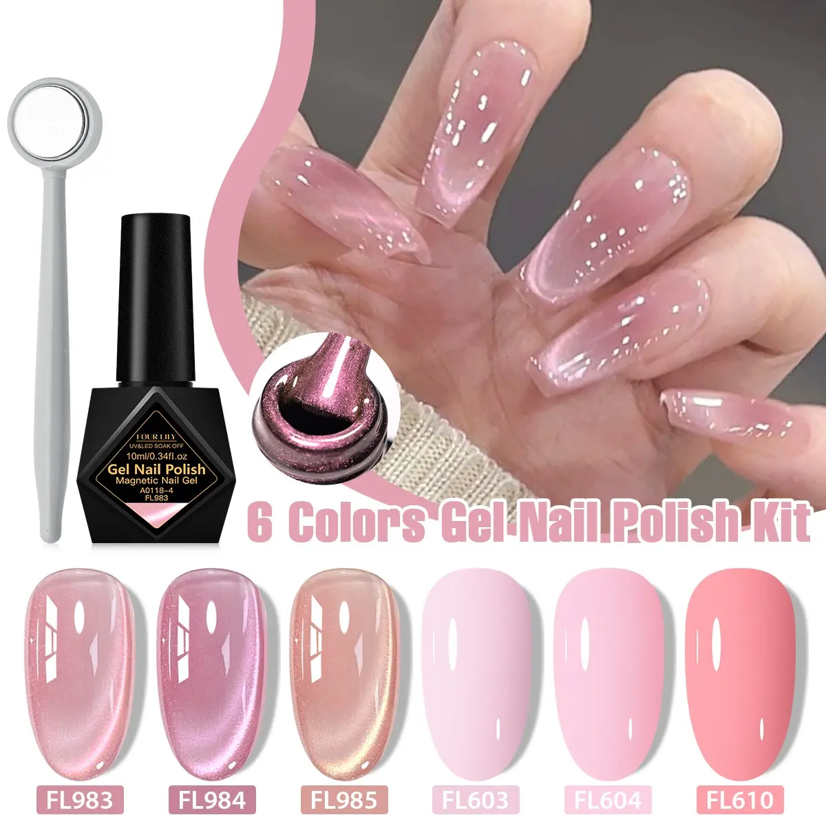FOURLILY 2026 Spring Summer Nail Trend Kit - 3pcs Cat-Eye Gel+3pcs Color Gel+1pc Magnetic Stick, Gel Shine Finish Nail Polish Kit with Magnet, Soak Off UV LED Nail Art Set for DIY Manicures, French Tips Nails, Glossy Finish Nails, Gift for Women