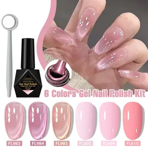 FOURLILY 2026 Spring Summer Nail Trend Kit - 3pcs Cat-Eye Gel+3pcs Color Gel+1pc Magnetic Stick, 6 Colors Gel Shine Finish Nail Polish Kit with Magnet, Soak Off UV LED Nail Art Set for DIY Manicures at Home, French Tips Nails, Perfect Gift for Women
