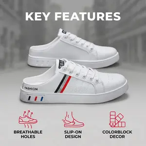 Men's Half Slip-On White Sneakers, Casual Canvas Mules, Lightweight Backless Walking Shoes for Outdoor Daily