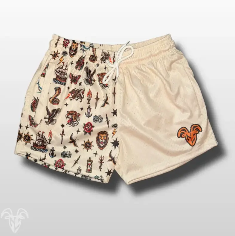 Goat Strength Half Traditional Tattoo Half Cream Shorts, 5 Inch Inseam Mesh Gym Shorts, Breathable Elastic Workout Shorts