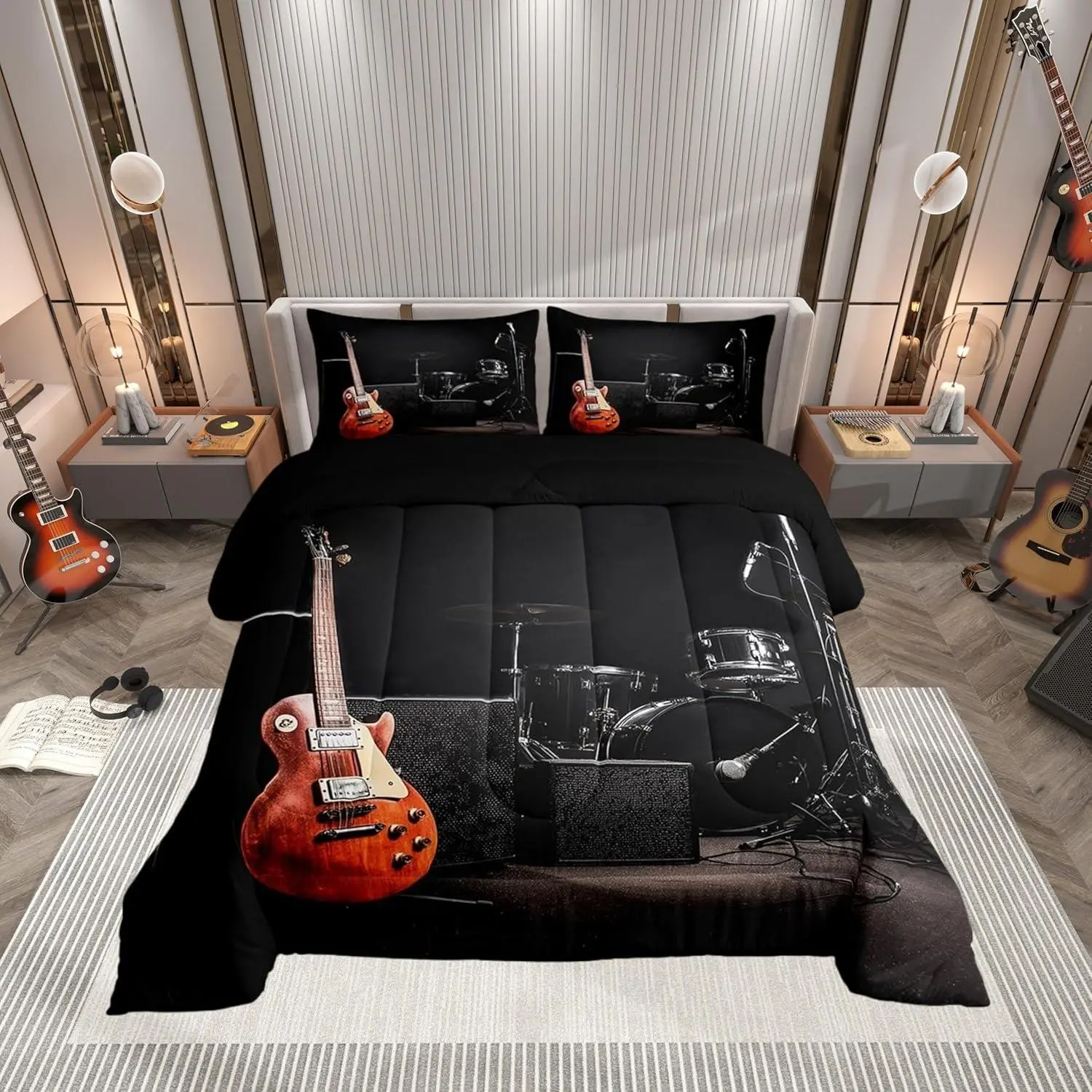 Rock Music Comforter Set,Guitar Musical Instrument Bedding Set for Boys Girls,Drum Kit Lover Quilted Duvet for Kids Room Decor,Retro Farmhouse Music Duvet Insert