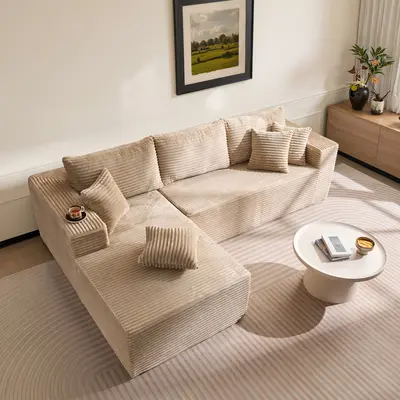 81 Inch Wide Modular Sofa with Chaise Plush Corduroy No Assembly