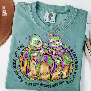Brush Stroke King Cake Bow Comfort Colors T-shirt, Mardi Gras Calories Don’t Count, Sparkly Fat Tuesday Shirt, Glitter Beads Carnival