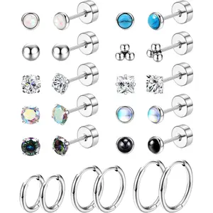 ZELORES 20G Hypoallergenic Stainless Steel Flat-Back Screw Back Stud Earrings, 26 Pairs Unisex 8/10/12MM Decorative Rhinestones Jewelry for Cartilage, Tragus Punctures, Daily Wear, Flat Back Earrings, Decorative Rhinestones Earrings