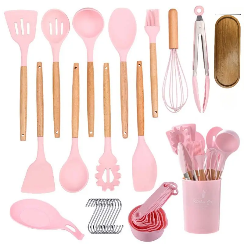 Umite Chef 34-Piece Silicone Kitchen Utensil Set, Cooking Utensils, Kitchen Utensils Set, Heat-Resistant Tools with Knife Sharpener and Wooden Handle, Essential for Non-Stick Cookware