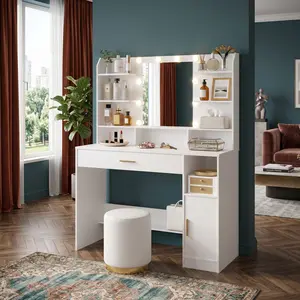White Large LED Lighted Makeup Vanity Desk 3 Color Dimmable Mirror Adjustable Multi-layer Shelves Drawers Cabinet Storage Modern Dressing Table Bedroom Home Decor Holiday Gift