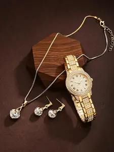 Full Diamond Dial Watch Set with Crystal Pendant Earrings and Necklace, Elegant Jewelry Gift for Mother's Day, All Seasons Wear