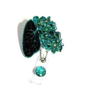 Teal Glitter Floral Lung, 2”, Retractable Swivel Alligator Clip