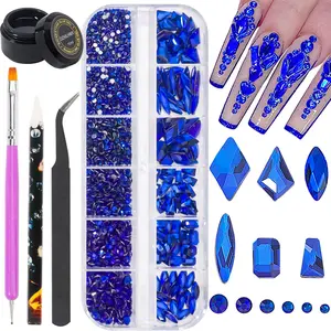 Rhinestone Press-On Nail Tips Nail Art Rhinestones Blue Flat Back Rhinestones for Makeup Nail Gems Nail Crystals Diamonds Jewelry Rhinestones for Face and Nail Design DIY Crafts Decoration