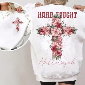 Hard Fought Hallelujah Shirt, Floral Christian Tee, Jesus is King, Layer-Friendly, Works in Any Weather, Lightweight Feel, Moves Hoodie Tops Long Sleeve Cotton Casual Oversize Oversized Baggy Sweatshirts Crewneck