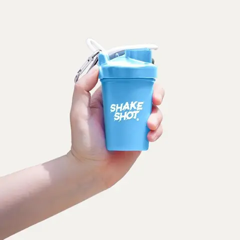 Shake Shot Blue Mini 4 oz BPA-Free Lightweight Workout Water Bottle - Shaker Ball Mixer, Flip Top Cap, Clip-On Carabiner (Clip for Gym Bag), Leak-Proof, Compact Fit, Hand Wash, Portable for Creatine, Veteran Owned Pre Workout Cup