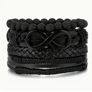 Boho Style 4pcs/set Black Bead Artificial Leather Rope Hand Woven Fashionable Bracelets for Men & Women Street Wristband Set Zinc Alloy Material Elegant Design Perfect for Daily Use and Gift-Giving