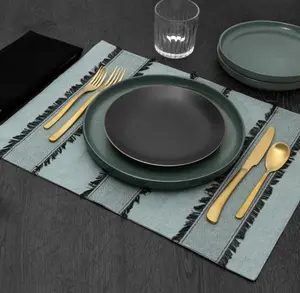 Green and Black Placemat, 14 x 19" with Fringe, Ideal for Coasters and Tableware