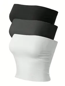 New Women's Fashion Trendy Versatile Basic Halter Top Shoulderless Vest Three-Piece Set, Stylish Casual Wear for All Occasions