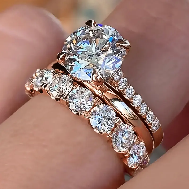 3Pcs Round Crystal Stackable Ring Set for Women, Dual Tone Rose Gold Gold Rhinestone Eternity Matching Bands, Non Tarnish Luxury Bridal Engagement Wedding Statement Jewelry, Valentine Date Banquet Holiday Gift Accessory