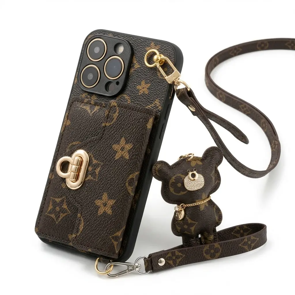 For 17 Pro Max Case with Bear Shoulder Strap & Card Holder for iPhone16 Pro Max Protective Cover with Pattern Gold Hardware