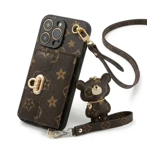 For 17 Pro Max Case with Bear Shoulder Strap & Card Holder for iPhone16 Pro Max Protective Cover with Pattern Gold Hardware
