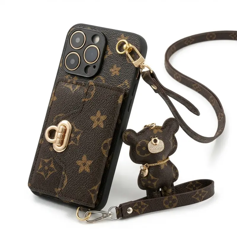 For 17 Pro Max Case with Bear Shoulder Strap & Card Holder for iPhone16 Pro Max Protective Cover with Pattern Gold Hardware