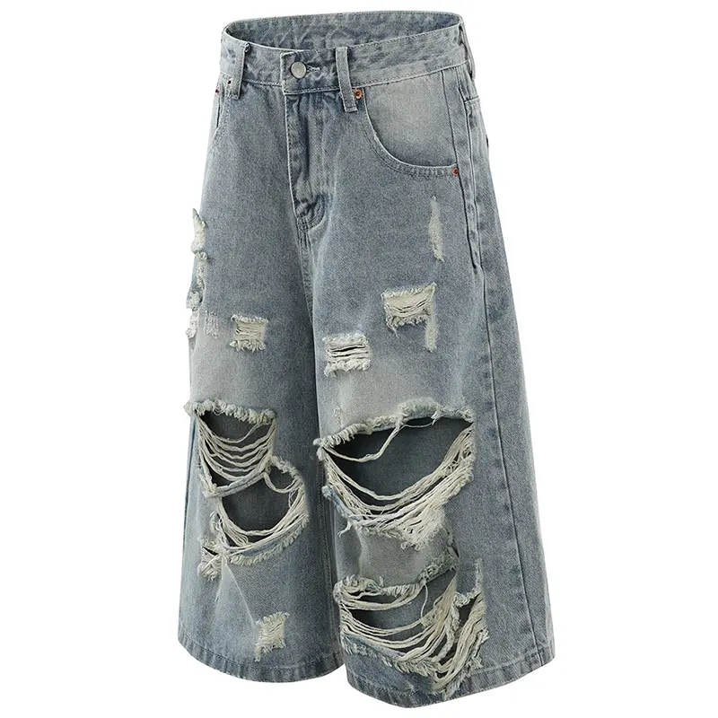 New summer street-style men’s ripped 7/8 denim shorts, American vintage distressed wash ripped men’s jeans, new trendy loose-fit men’s pants, #fathersdaygift, #SummerWins