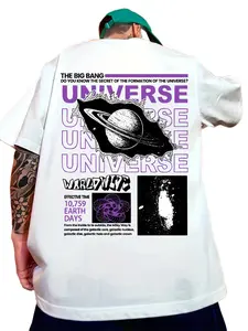 Men's "Universe Big Bang" Oversized Graphic T-Shirt - Bold Purple "UNIVERSE" Repeated Letter Print with Saturn & Galaxy Graphic, Science & Space Streetwear Crew Neck Tee, Soft Heavyweight Cotton Blend Loose Fit T-Shirt for Men Teens