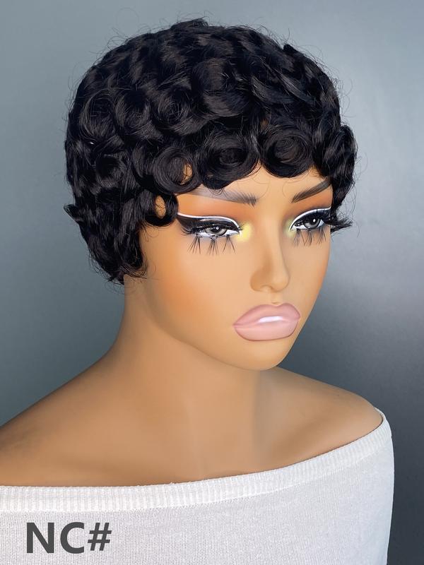 Human Hair Pixie Cut Wig, Short Curly Wavy Wig with Bangs, Natural, Rose Net Cap, Elegant Style for Women, Daily Use, Pixie Wigs