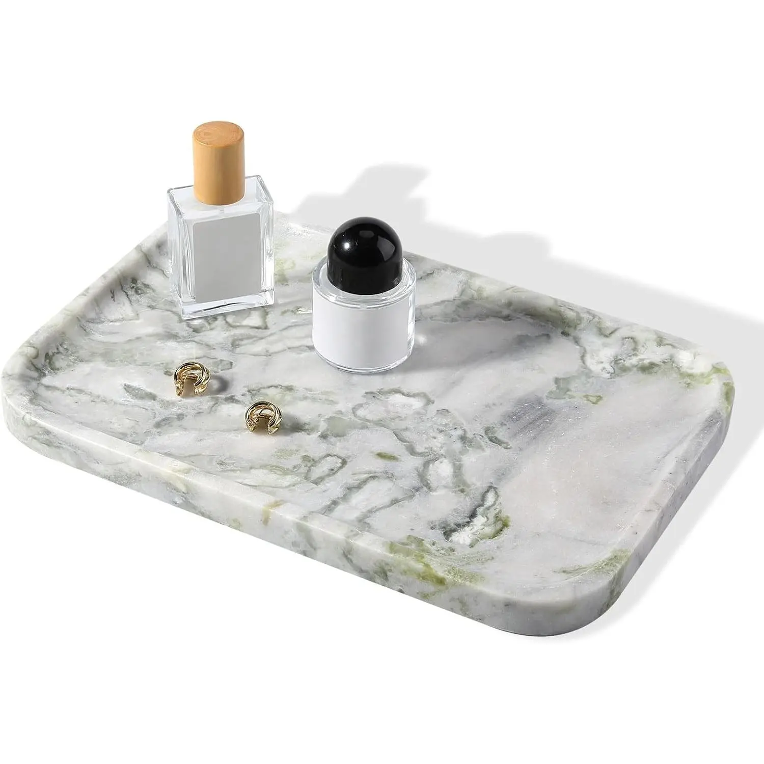 Luxury Marble Vanity Tray, Bathroom Tray Countertop, Bianco Marble/Stone, Home Decorative Dresser Organizer, Storage for Kitchen Sink, Perfume Jewelry Holder(Green&White)