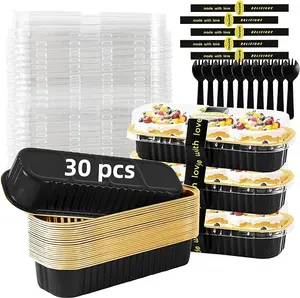 Mini Loaf Pans with Lids and Spoons Sealing Sticker,30 Pcs 6.8oz Cake Pans for Baking Disposable Aluminum Foil Red cake pan (30 PCS Black Gold)